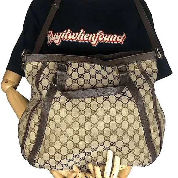 GUCCI Abbey Monogram Oversized Tan Canvas & Brown Leather Crossbody Shoulder Bag - Picture 4 of 17